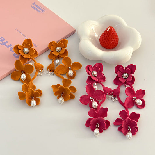 Fashionable Long Dopamine Flocking Flower Elegant Earrings