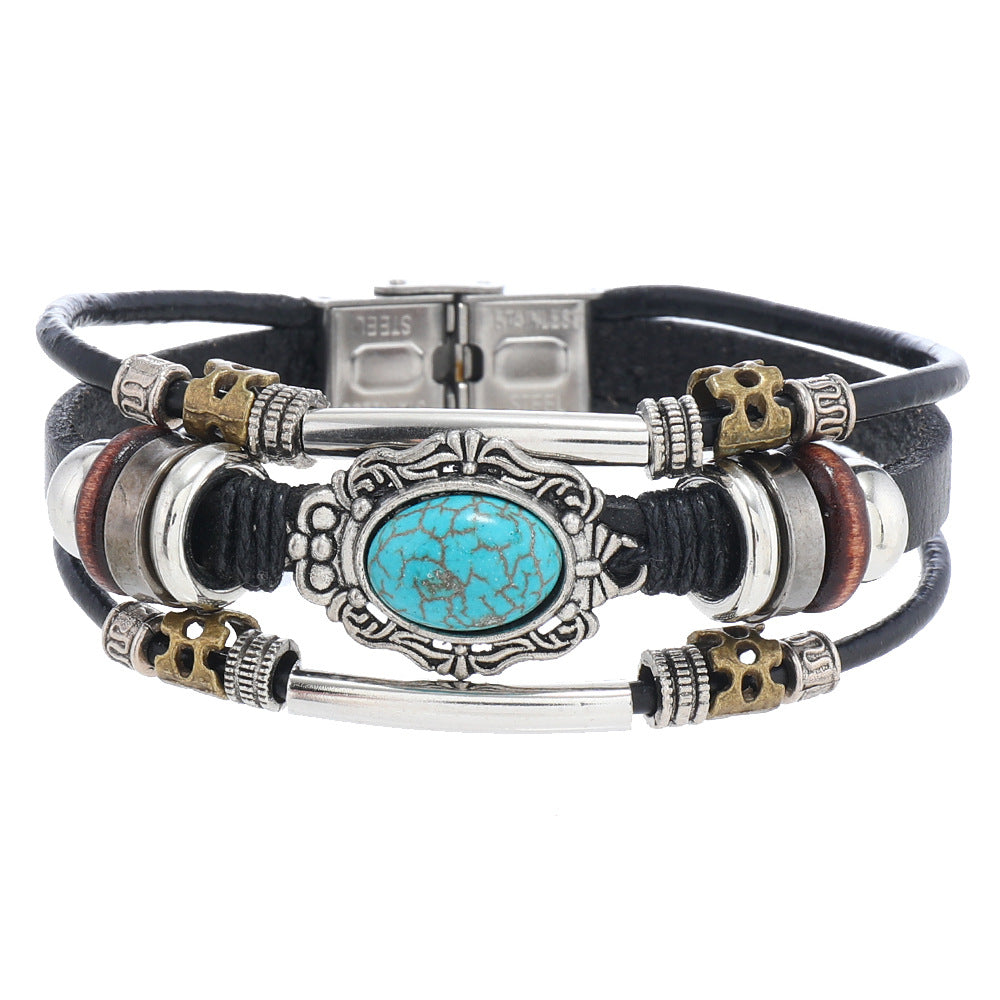 Men's Beaded Leather Bohemia Style Turquoise Stainless Bracelets