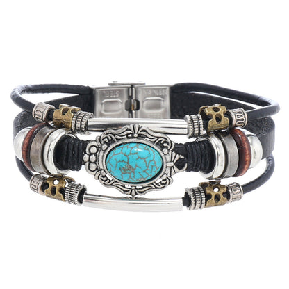 Men's Beaded Leather Bohemia Style Turquoise Stainless Bracelets
