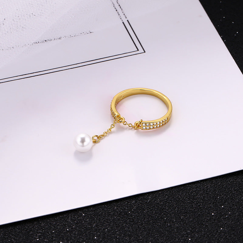 Korean Style Chain Rhinestone Pearl Adjustable Rings