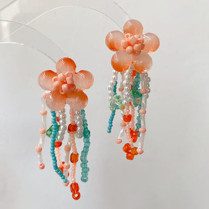 Style Elegant Peach Jade Flower Tassel Artistic Romantic Atmosphere Earrings