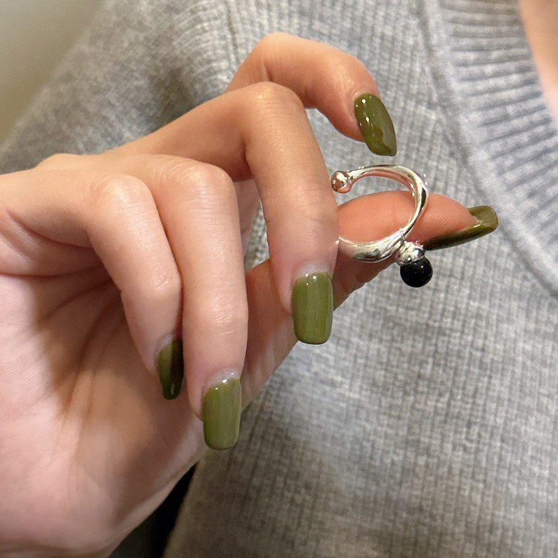 Sier Black Agate French Retro Ball Rings