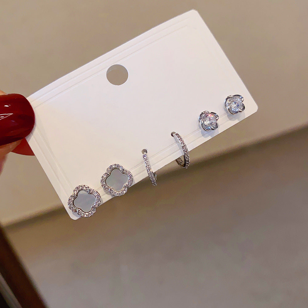 Women's Fashion Sier Set One Card Three Small Ear Needle Earrings