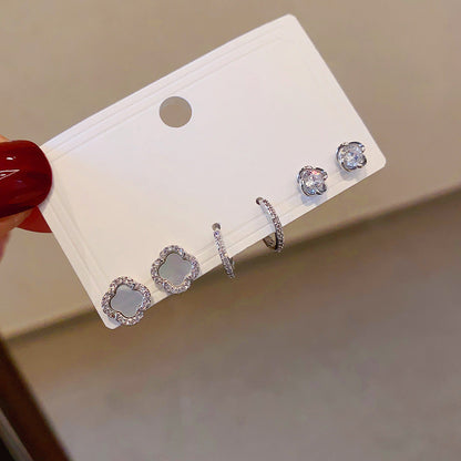 Women's Fashion Sier Set One Card Three Small Ear Needle Earrings