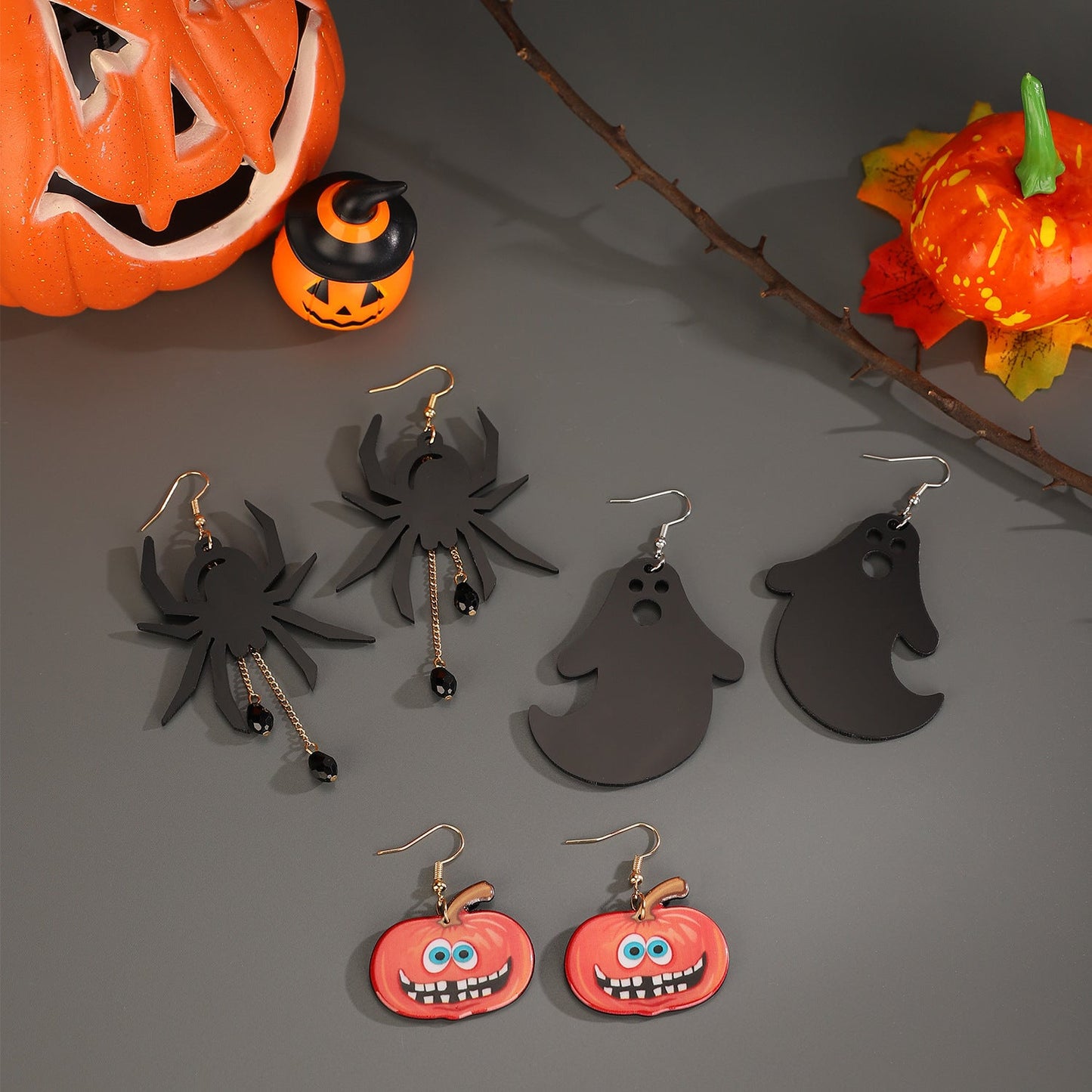 Female Gothic Dark Bat Spider Pumpkin Earrings