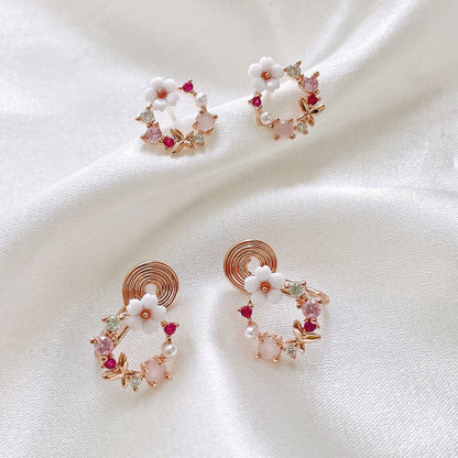 Fresh Pink Zirconium White Flower Mosquito Earrings