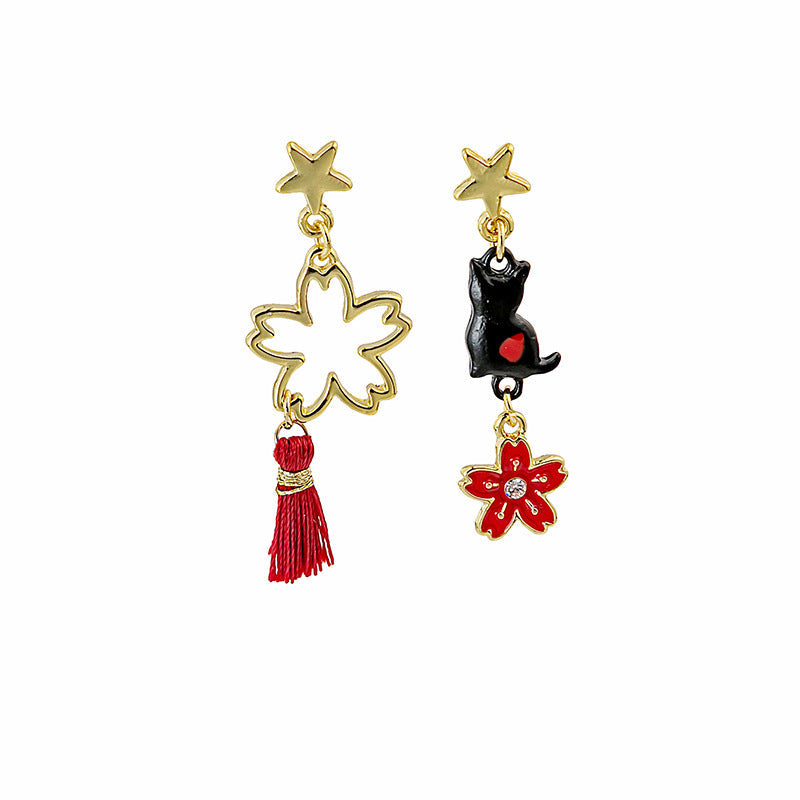 Women's Cartoon Long Asymmetric Flower Cat Fox Earrings