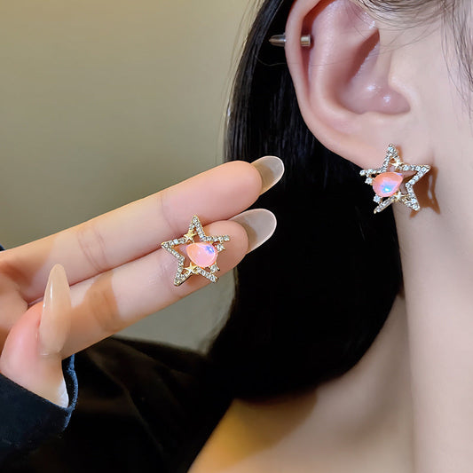 Needle Simple Pentagram Design Pink Zircon Earrings