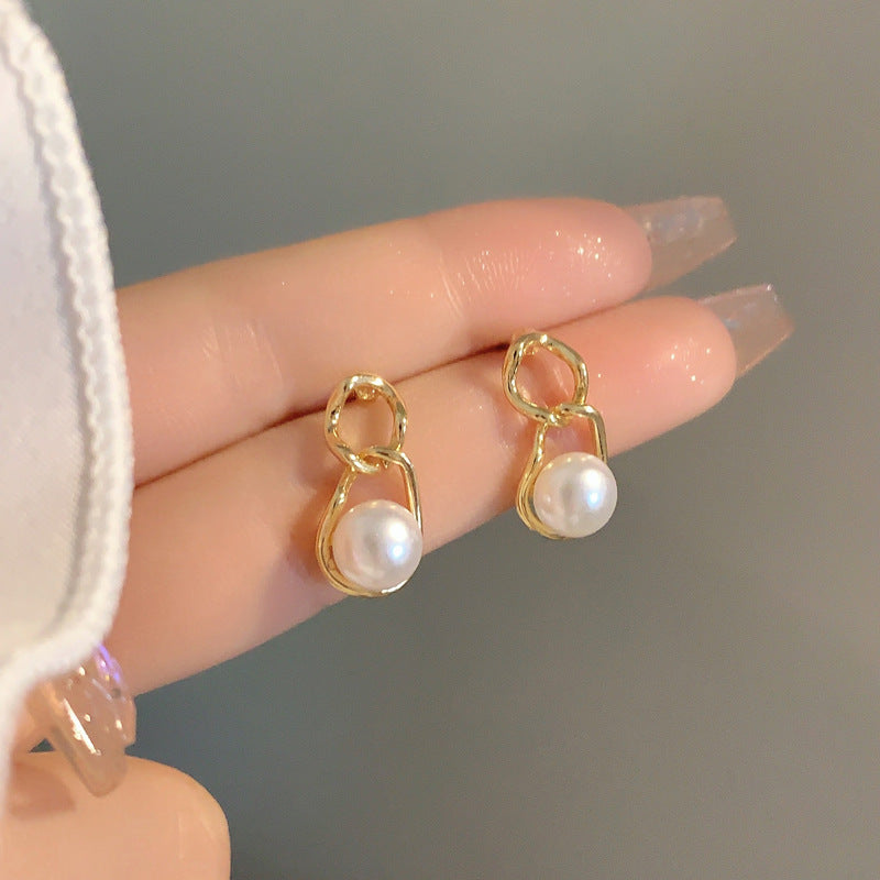 Sier Needle Temperamental Pearl Personality Chain Earrings