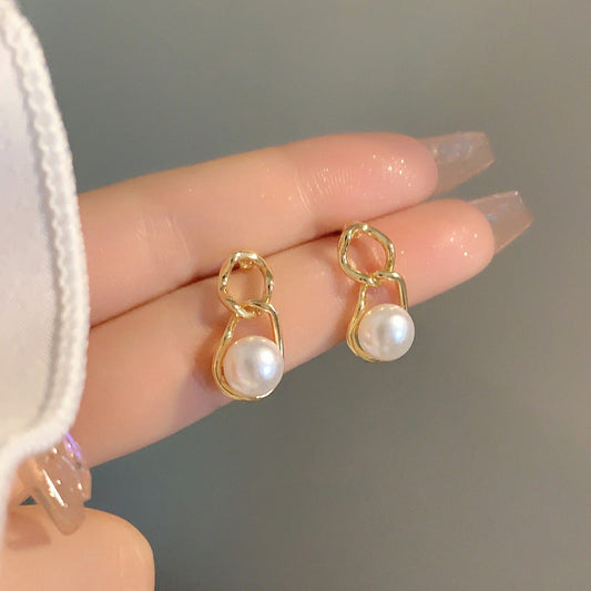 Sier Needle Temperamental Pearl Personality Chain Earrings