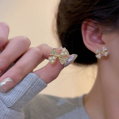 Women's Sier Bow Pearl Simple Rhinestone Fashion Earrings