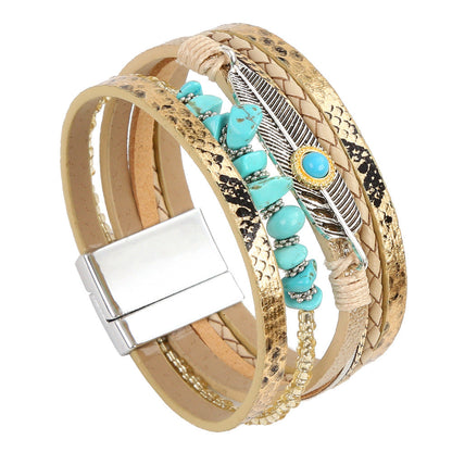 Gravel Feather Leather Creative Vintage Bohemian Turquoise Bracelets