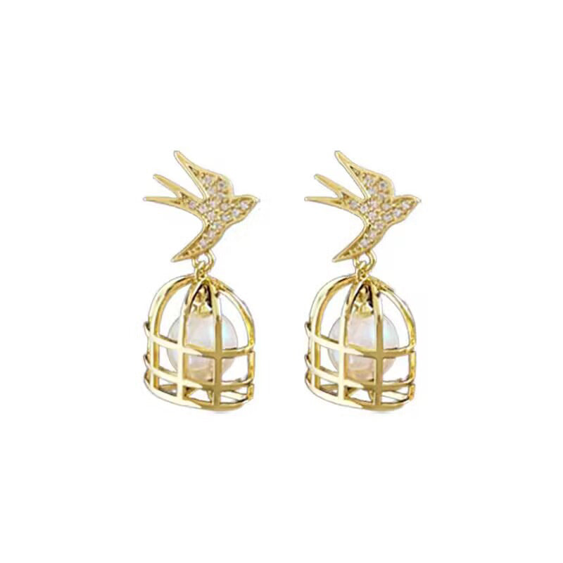 Zircon Pearl Bird Cage Creative Design Fashion Earrings