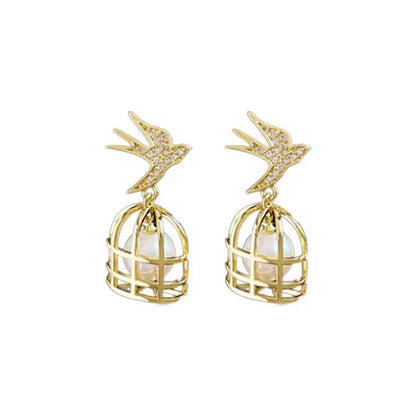 Zircon Pearl Bird Cage Creative Design Fashion Earrings