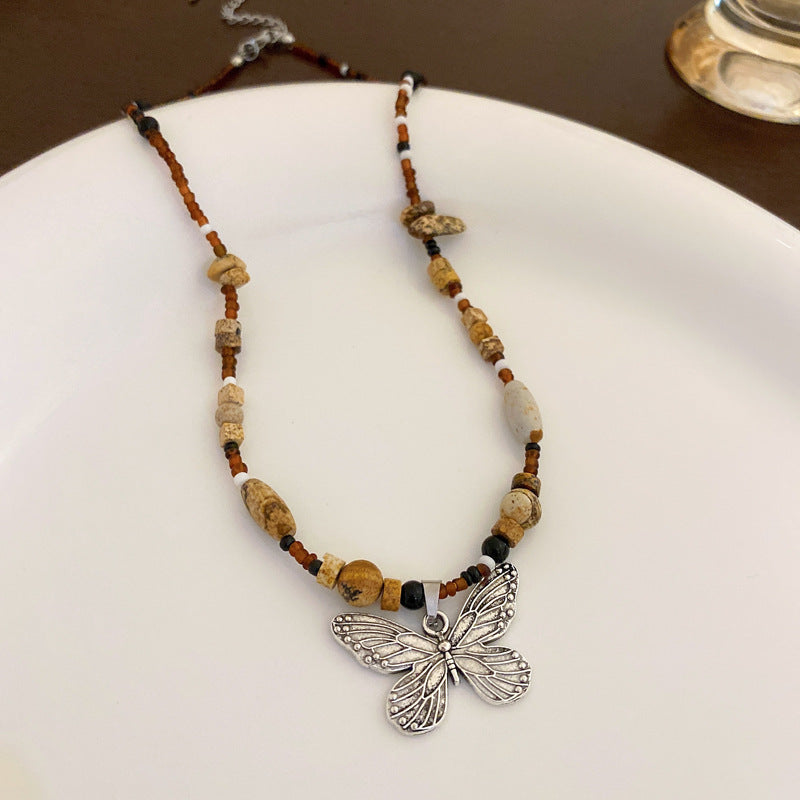 Women's Series Tigereye Butterfly Chinese Retro Beaded Sweater Necklaces
