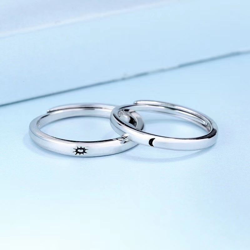 Sier Couple Korean Style Simple Sun Moon Rings