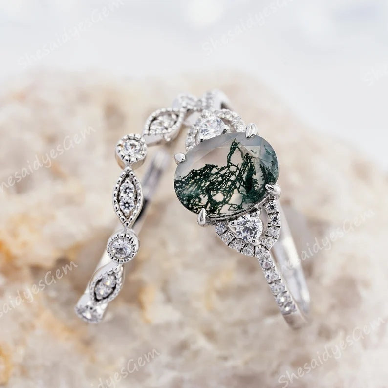 Green Plant Pattern Set Light Luxury Rings