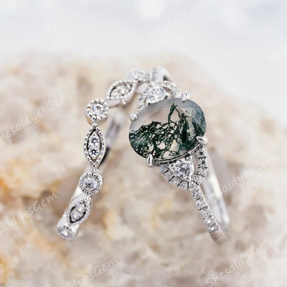 Green Plant Pattern Set Light Luxury Rings