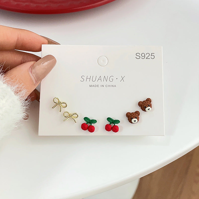 Small Cute Cherry Female Temperament Bear Fresh Earrings