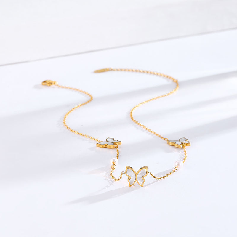 Korean Style Simple Pearl Butterfly Titanium Necklaces
