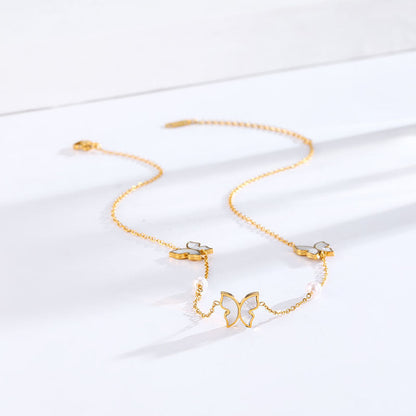 Korean Style Simple Pearl Butterfly Titanium Necklaces