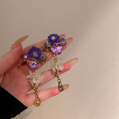 Purple Pearl Diamond Flower Fashion Geometry Pattern Temperament Wild Earrings