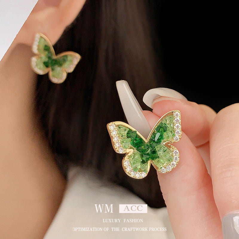 Women's Electroplated Sier Needle Zircon Green Butterfly Refreshing Earrings