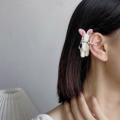 Plush Pink Rabbit Ear Clip Niche Earrings