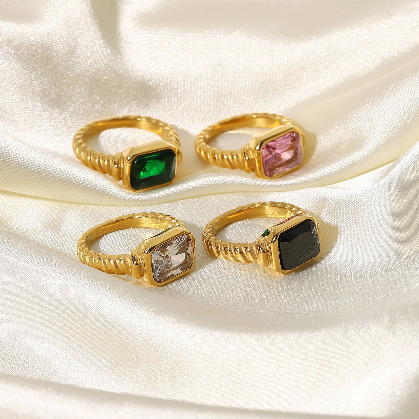 Women's Stainless Steel Rectangular Emerald Pink Zircon Rings