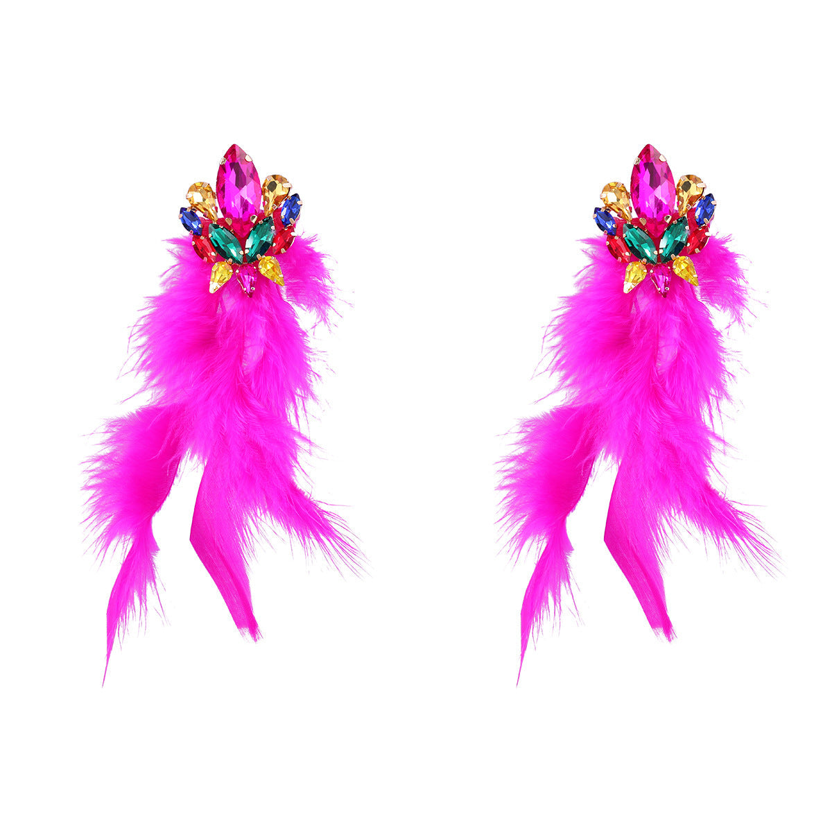 Diamond Flower Long Feather Tassel Female Earrings