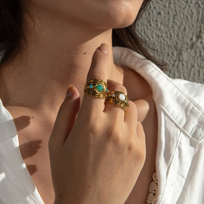 Gold Inlaid Turquoise Open Fashion Ladies Rings