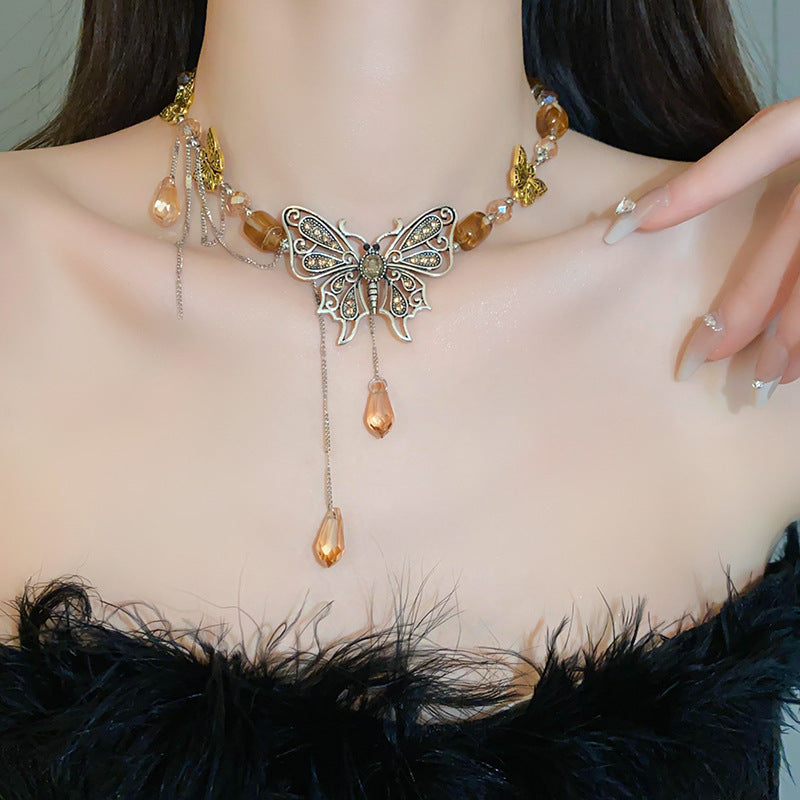 Women's Series Tigereye Butterfly Chinese Retro Beaded Sweater Necklaces