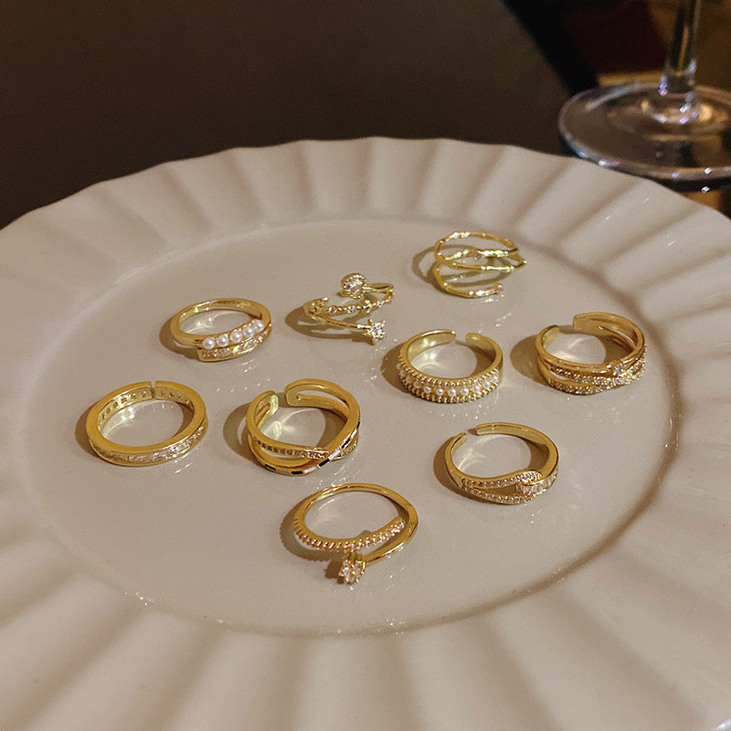 Pearl Zircon With Diamond Open Adjustable Rings