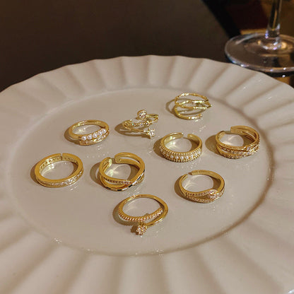 Pearl Zircon With Diamond Open Adjustable Rings