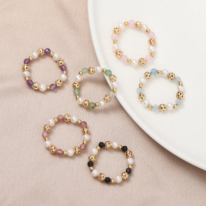 Freshwater Pearl Stretch Strawberry Quartz Pink Crystal Rings