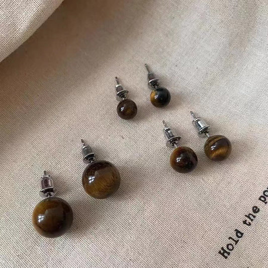 Women's Retro Minority Natural Tigereye Ball Light Earrings