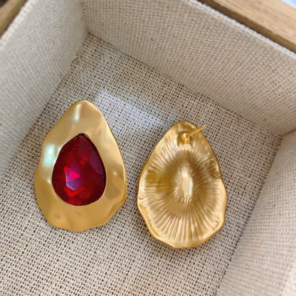 Distressed Matte Gold Red Gem Drop Earrings