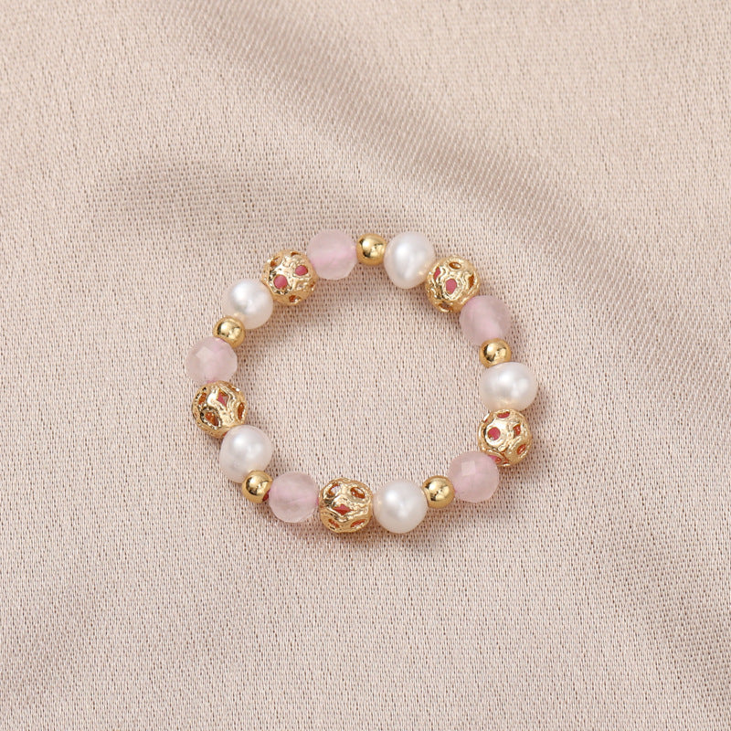 Freshwater Pearl Stretch Strawberry Quartz Pink Crystal Rings