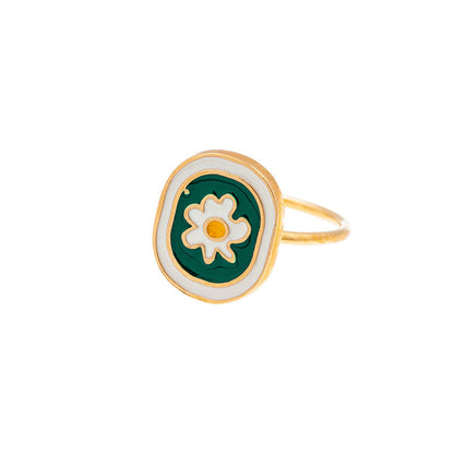 Niche Vintage Brass Gold-plated Handmade Enamel Drip Glazed Chamomile Rings