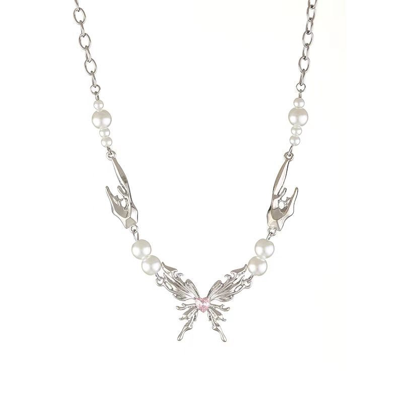 French Style Ethereal Design Butterfly Wings Pearl Clavicle Chain Necklaces