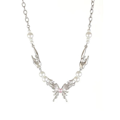 French Style Ethereal Design Butterfly Wings Pearl Clavicle Chain Necklaces