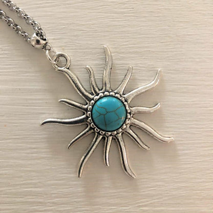 Boho Sun Pendant Sunflower Cracked Turquoise Necklaces