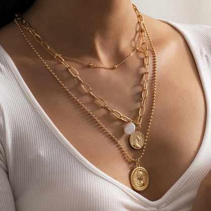 Ornament Simple Baroque Portrait Embossed Female Shaped Imitation Pearl Necklaces