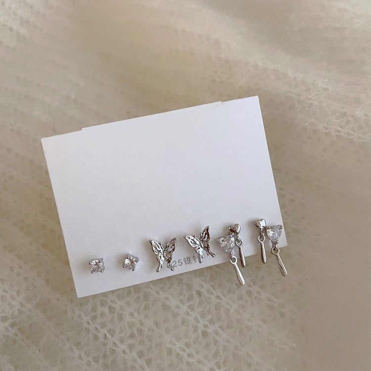 Women's Heart-shaped Zircon Butterfly Suit Small Simple Earrings