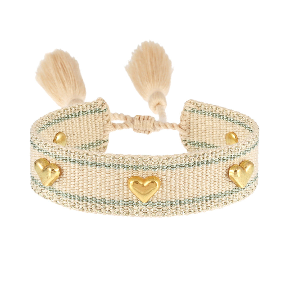 Couple Golden Heart-shaped Carrying Strap Hand-woven Tassel Bracelets