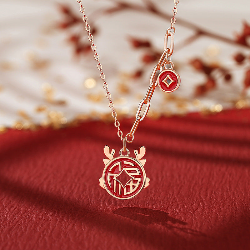 Women's Sier Gold Coin Dragon Copper Lucky Pendant Zodiac Clavicle Necklaces