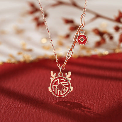 Women's Sier Gold Coin Dragon Copper Lucky Pendant Zodiac Clavicle Necklaces