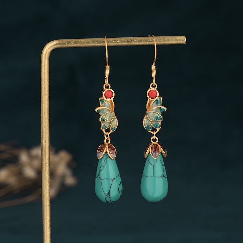 Gold Enamel Drip Glazed Imitation Turquoise Eardrops Earrings