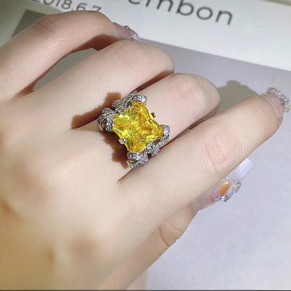 Luxury Diamond Yellow Princess Square Ice Flower Rings