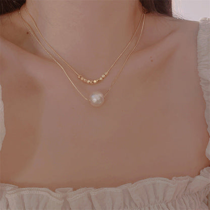 Women's Elegant Gold Cotton Pearl Design Simple Fashion Twin Clavicle Necklaces
